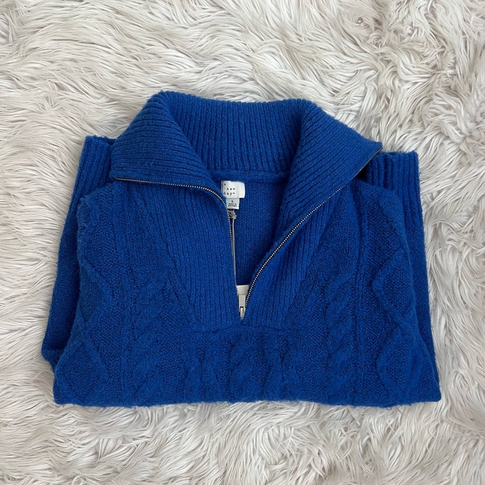 A New Day Blue Cable Knit Quarter Zip Sweater Size Large